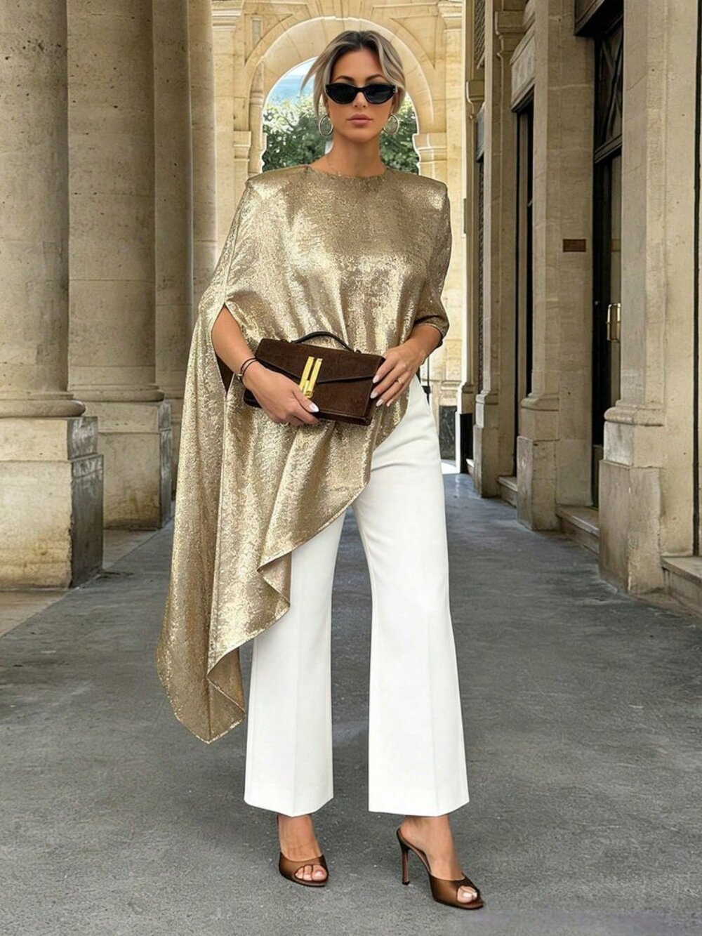 Gold Women's Elegant flowy asymmetrical blouse Top